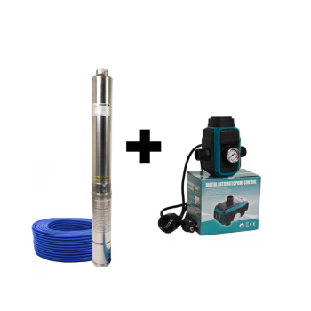 Pachet Pompa submersibila de mare adancime, DDT, 4SDM3-7, 1500 W, 7 m³/h, 7 turbine, Inox, 30 m cablu + Presostat electronic inteligent digital reglabil DDT