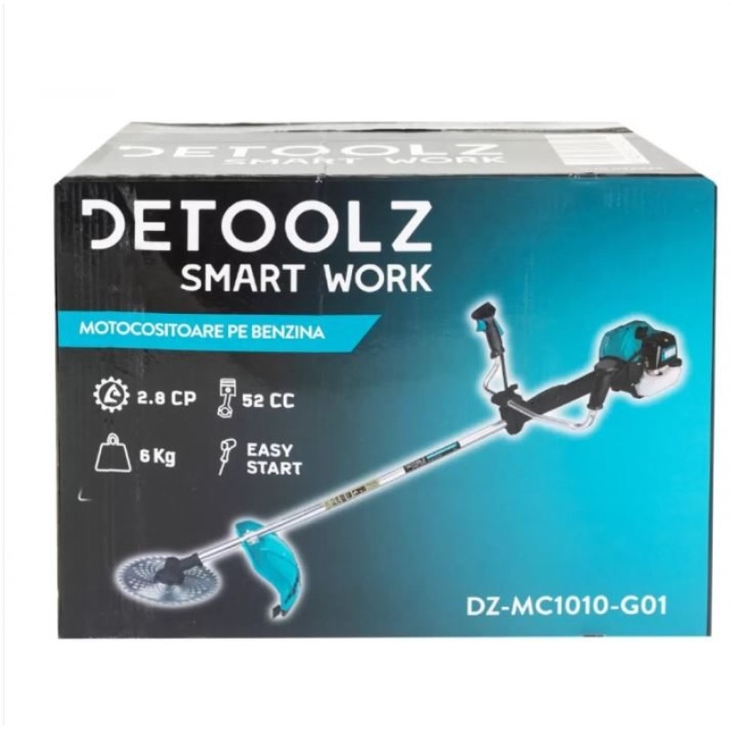 Motocoasa Detoolz 2.8CP 52CC motor benzina 2T, pornire rapida, 4 accesorii, tija 28mm