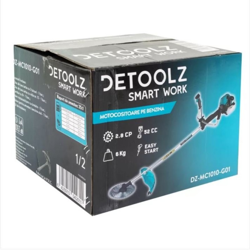Motocoasa Detoolz 2.8CP 52CC motor benzina 2T, pornire rapida, 4 accesorii, tija 28mm