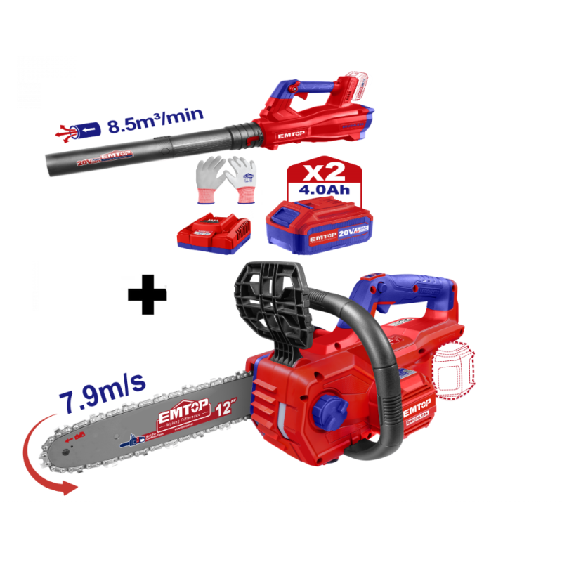 Pachet  Drujba cu lant, motor fara perii (brushless), 30cm + Suflanta, motor fara perii (brushless), 8.5m3/min + 2 acumulatori 4.0Ah + incarcator