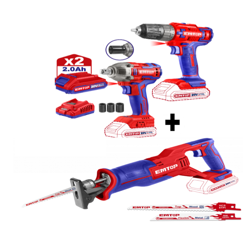 Pachet Fierastrau tip sabie + Set 2 buc. bormasina de insurubat si impact + 2 acumulatori 2.0AH + incarcator
