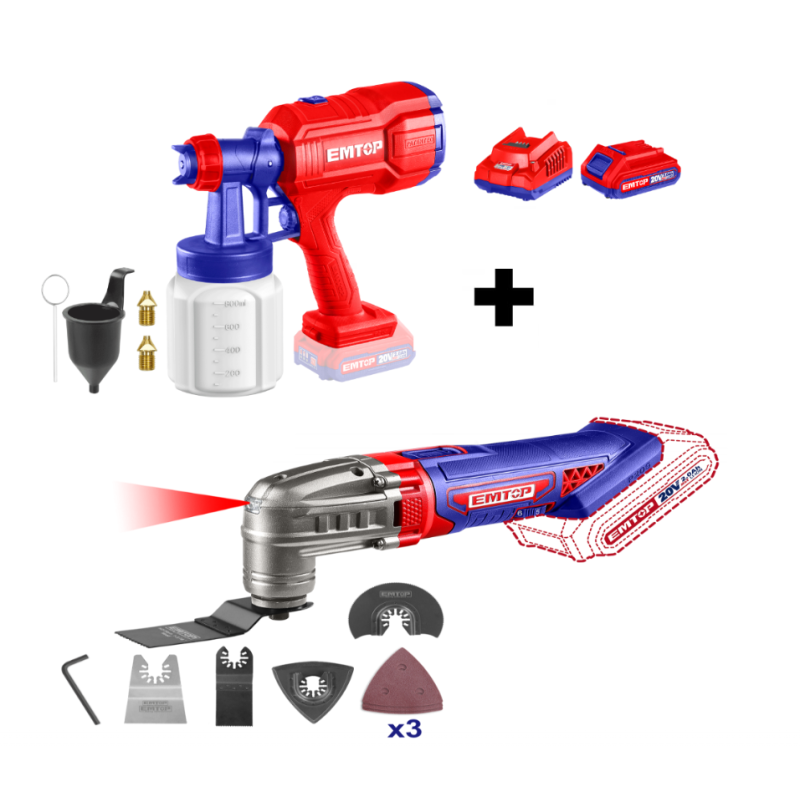 Pachet  Instrument multifunctional, 6 viteze, 8 accesorii + Pistol de vopsit cu 800ml + 2 Acumulatori cu incarcator