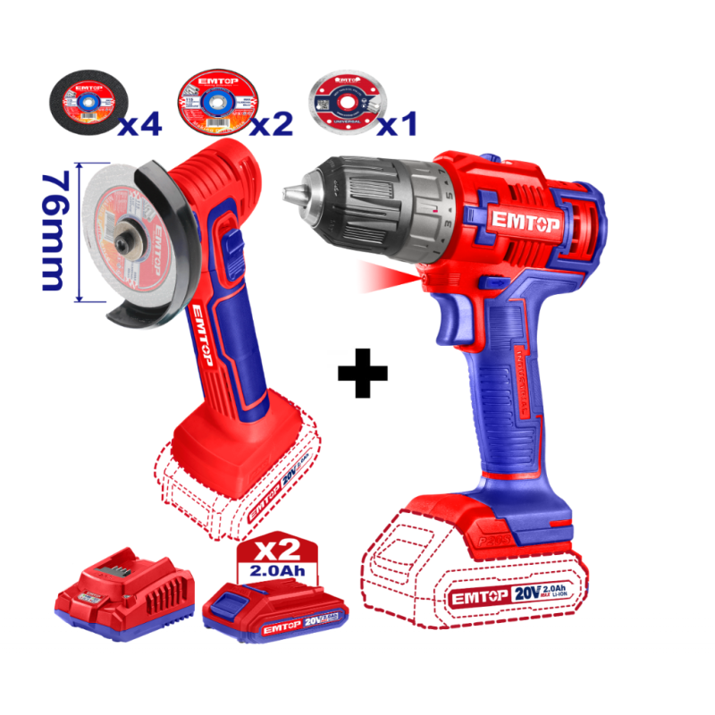 Pachet Mini polizor unghiular, 76mm, 7 discuri incluse + Masina de gaurit si insurubat + 2 acumulatori 2.0AH