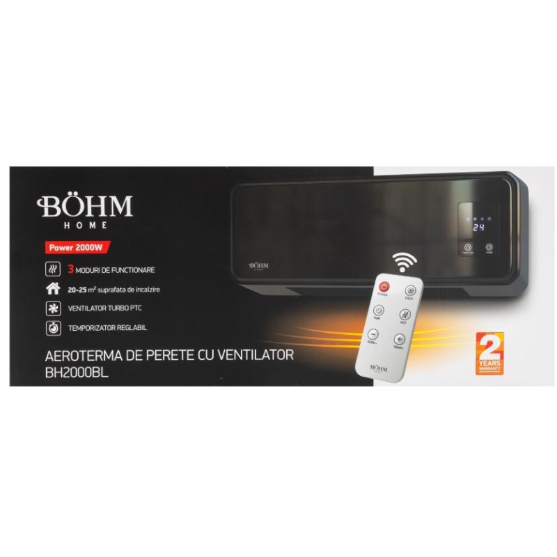 Aeroterma de perete cu display si telecomanda BOHM BH2000BL, 20–25 m², 1000W-2000W