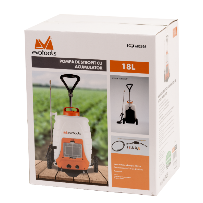 Pompa de Stropit 18 L cu Acumulator si Roti de Transport Evotools