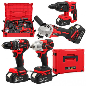 Trusă Profesionala German Meister 36V MAX, 4 Scule cu Acumulator, Rotopercutor SDS-Plus Ø26 mm, Autofiletanta, Cheie de Impact, Polizor Unghiular