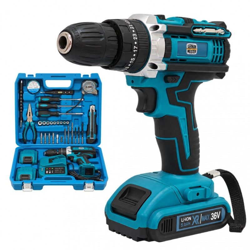 Masina de Gaurit si Insurubat cu Acumulator German Meister 36V, Mandrină 10 mm, 2 Viteze, 2 Acumulatori, Incarcator și Trusa  Completa cu Accesorii