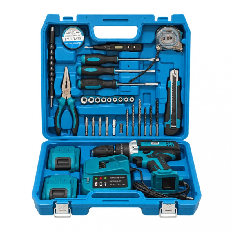Masina de Gaurit si Insurubat cu Acumulator German Meister 36V, Mandrină 10 mm, 2 Viteze, 2 Acumulatori, Incarcator și Trusa  Completa cu Accesorii