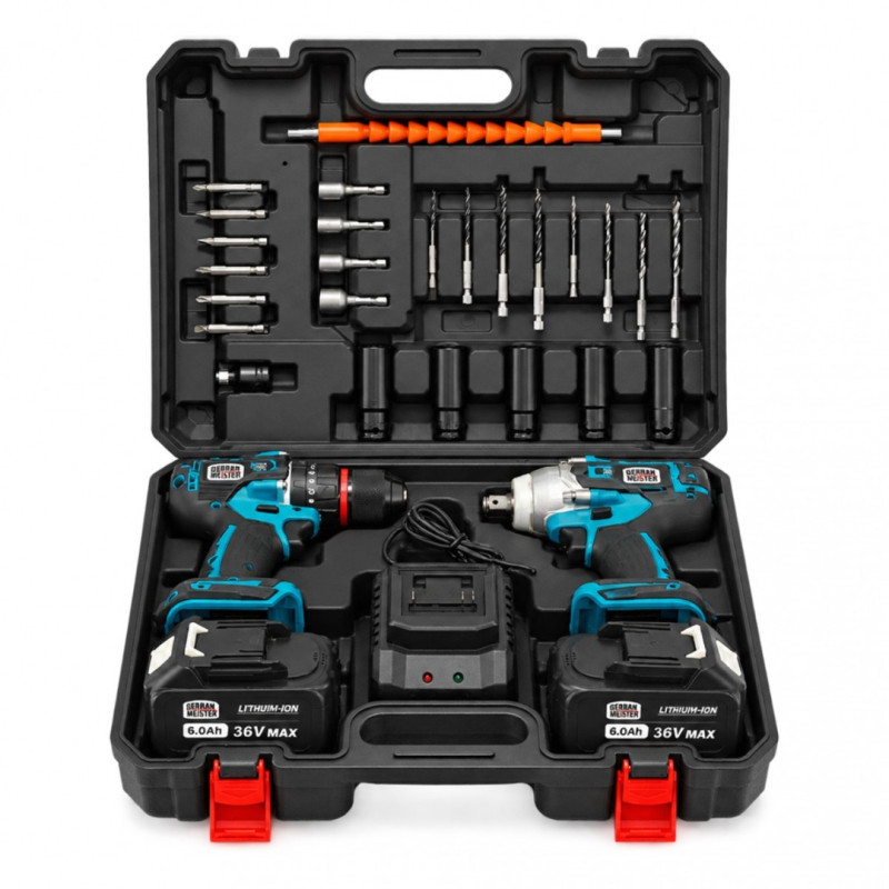 Set 2 Scule cu Acumulator German Meister 36V MAX – Masina de Gaurit si insurubat Brushless 80 Nm + Cheie de Impact 380 Nm, 2 Acumulatori 6Ah, Incarcator, Accesorii si Valiza