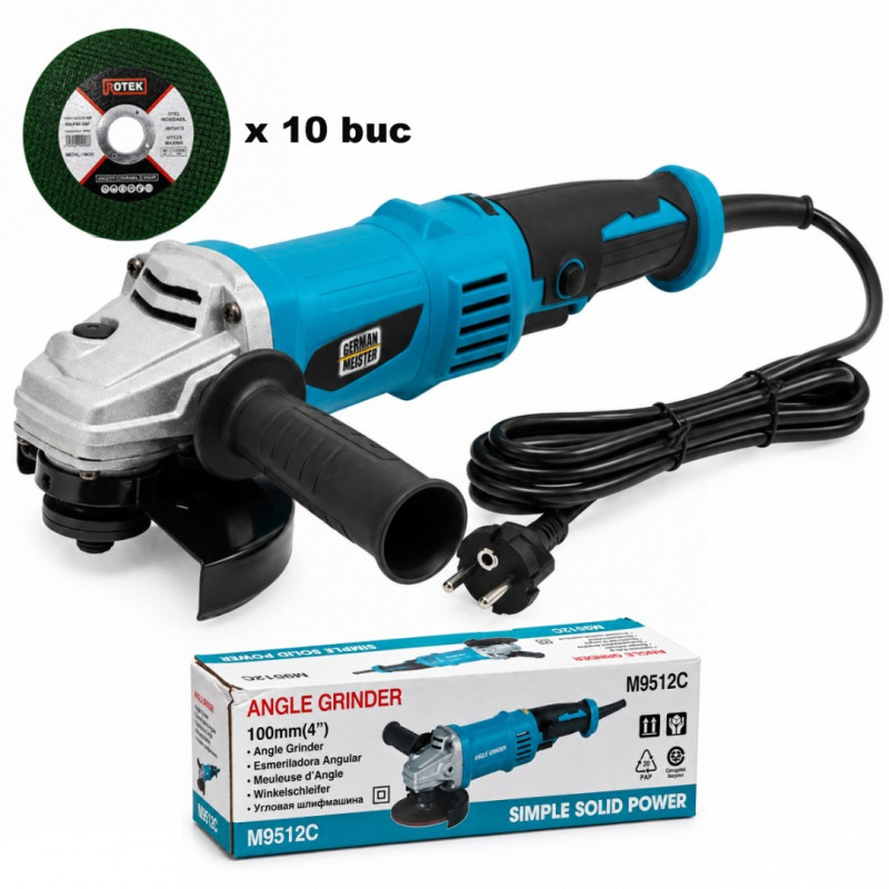 Polizor Unghiular German Meister 1300W, Ø125 mm, Turație Reglabilă 3000–9000 RPM, M14, Mâner Auxiliar, 10 Discuri