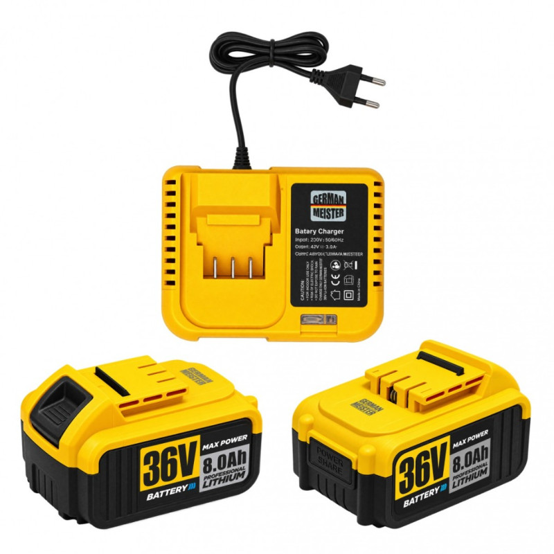 Set 2 scule cu acumulator German Meister 36V, Cheie de impact 350 Nm + Masina de gaurit si insurubat Brushless 13 mm, 2 acumulatori 8Ah, incarcator, valiza
