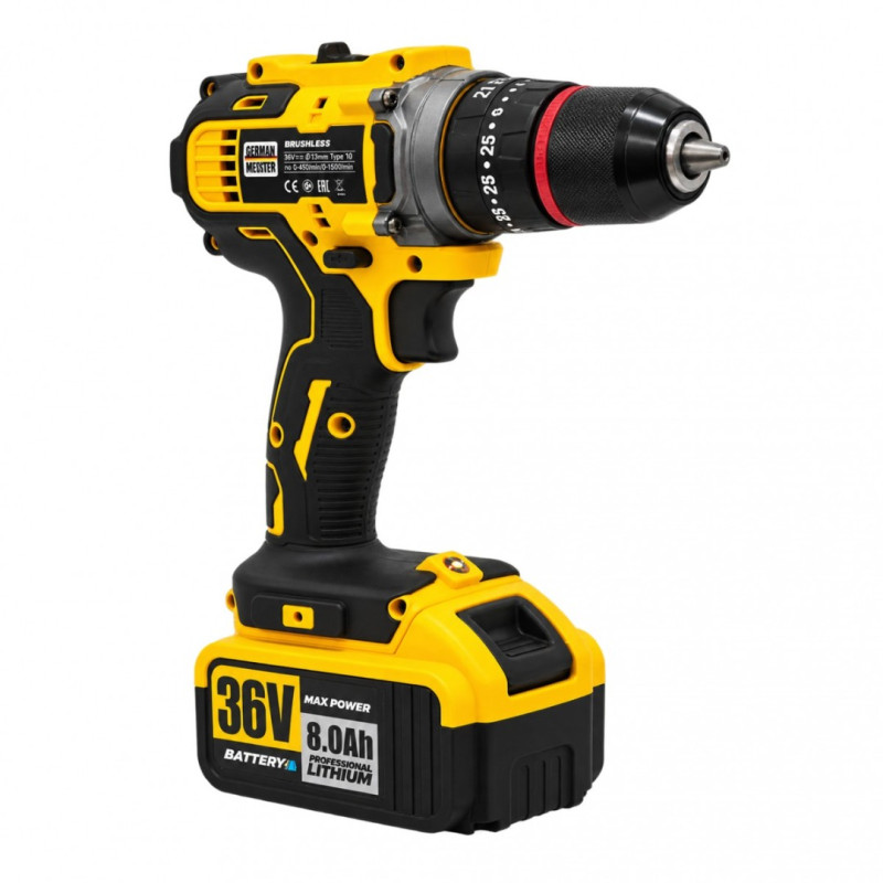 Set 2 scule cu acumulator German Meister 36V, Cheie de impact 350 Nm + Masina de gaurit si insurubat Brushless 13 mm, 2 acumulatori 8Ah, incarcator, valiza