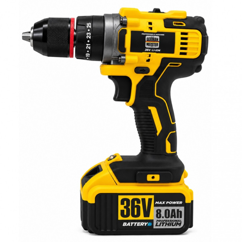 Set 2 scule cu acumulator German Meister 36V, Cheie de impact 350 Nm + Masina de gaurit si insurubat Brushless 13 mm, 2 acumulatori 8Ah, incarcator, valiza
