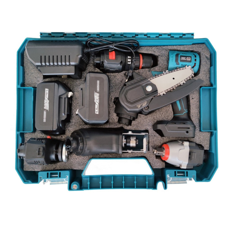 Trusa 5 in 1 German Meister, cu 2 Acumulatori, 24V, 5Ah, (Mini drujba, Autofiletanta, Pistol Impact, Flex, Fierastrau Sabie)