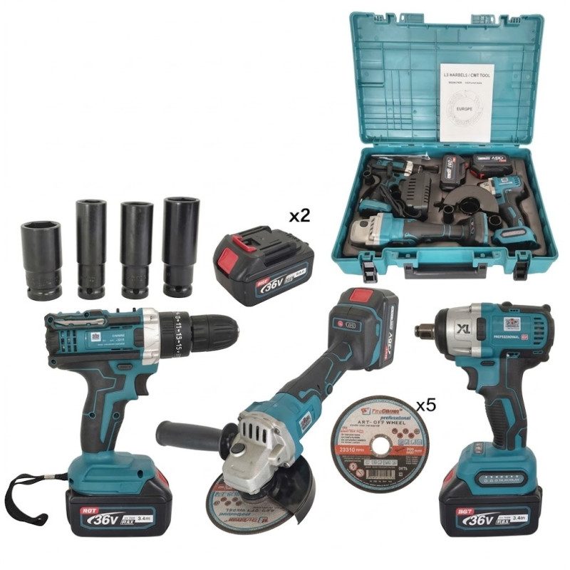 Trusa 3 piese cu acumulator, German Meister , Masina de insurubat cu impact, Autofiletanta & Polizor unghiular, Model nou