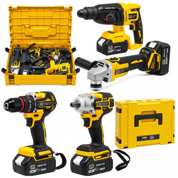 Trusa Scule cu Acumulator German Meister 36V MAX 6Ah – Autofiletantă, Cheie Impact 380Nm, Rotopercutor SDS-Plus 26mm și Polizor Unghiular 125mm