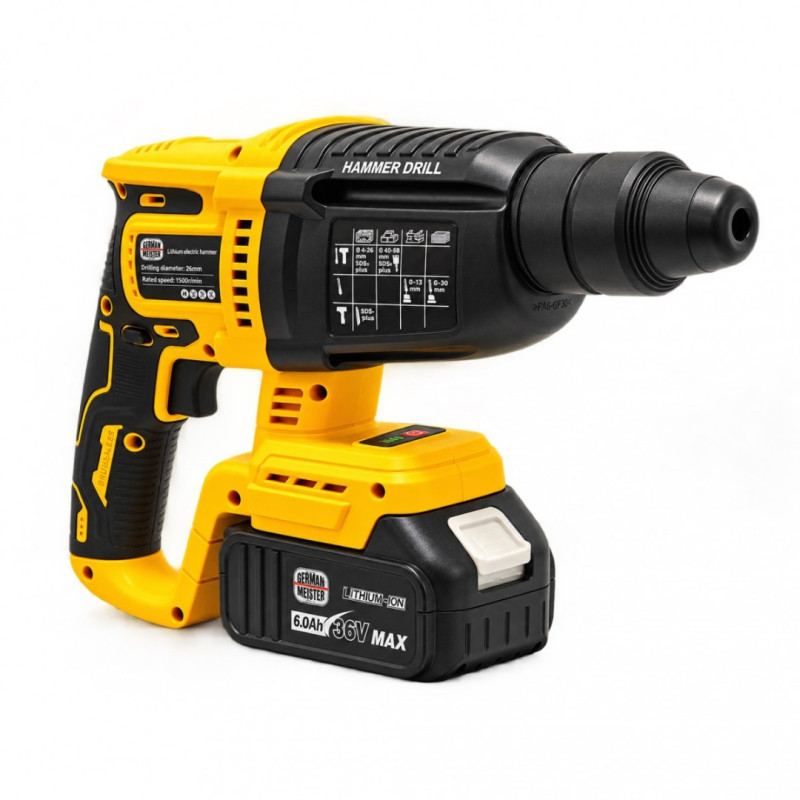 Trusa Scule cu Acumulator German Meister 36V MAX 6Ah – Autofiletantă, Cheie Impact 380Nm, Rotopercutor SDS-Plus 26mm și Polizor Unghiular 125mm