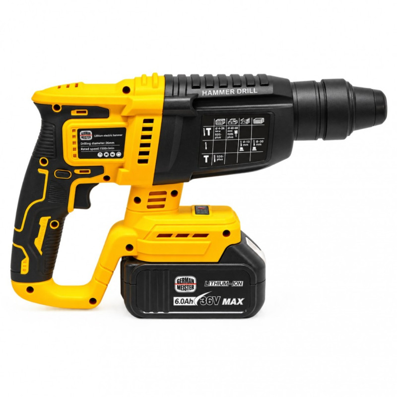 Trusa Scule cu Acumulator German Meister 36V MAX 6Ah – Autofiletantă, Cheie Impact 380Nm, Rotopercutor SDS-Plus 26mm și Polizor Unghiular 125mm