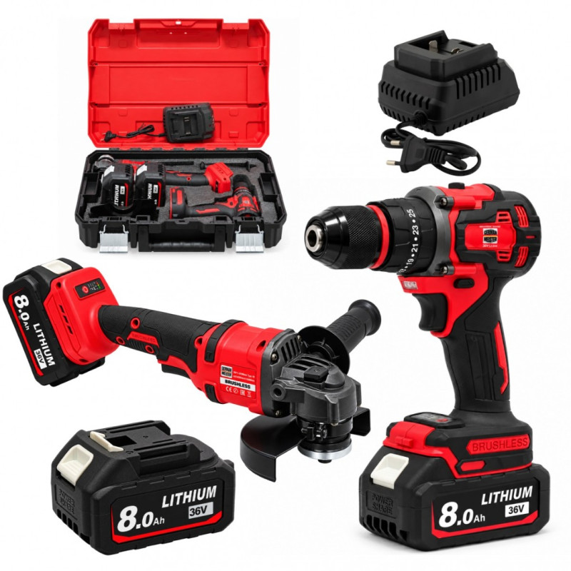 Set Scule cu Acumulator German Meister 36V, Brushless – Bormasina+ Polizor Unghiular 125 mm, 2 Acumulatori 8Ah, Incarcator