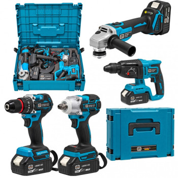 Trusa Profesionala German Meister 36V MAX, 4 Scule cu Acumulator, Rotopercutor SDS-Plus 26 mm, Autofiletanta, Cheie de Impact, Polizor Unghiular