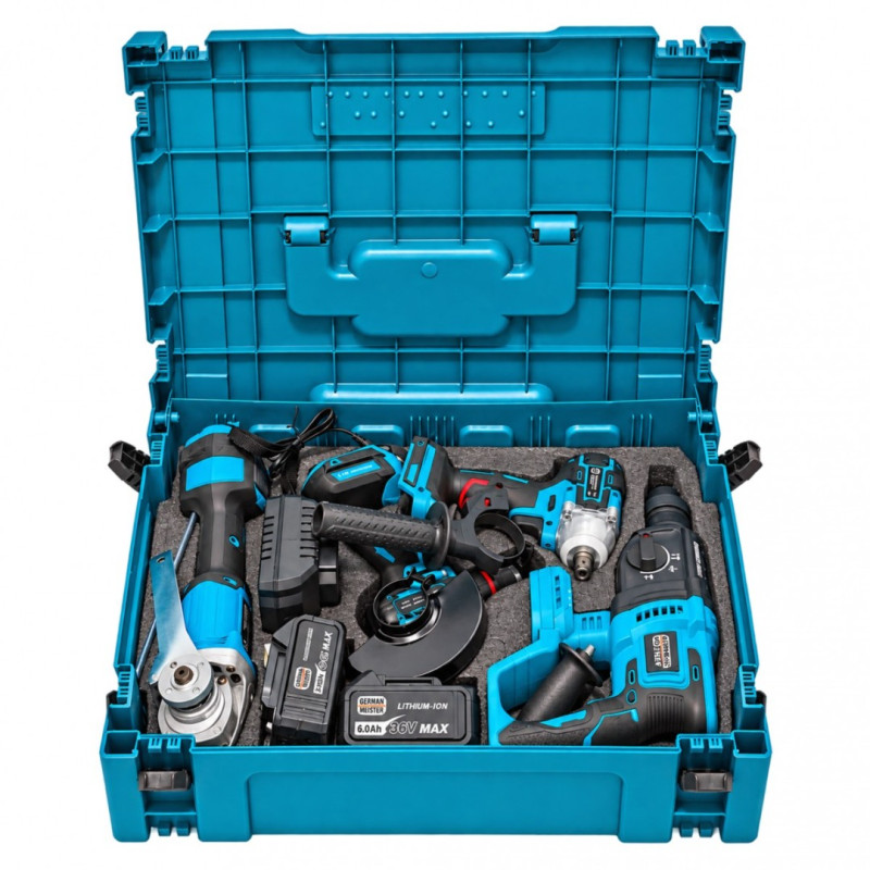 Trusă Profesionala German Meister 36V MAX, 4 Scule cu Acumulator, Rotopercutor SDS-Plus 26 mm, Autofiletanta, Cheie de Impact, Polizor Unghiular