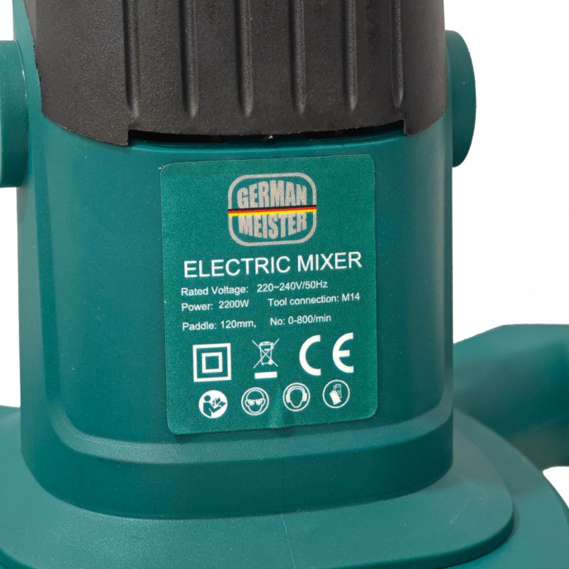 Malaxor Electric Profesional German Meister 2200 W, M14, 0-800 RPM, Paleta 120 mm, pentru Adeziv, Glet, Mortar, Sapa si Vopsea