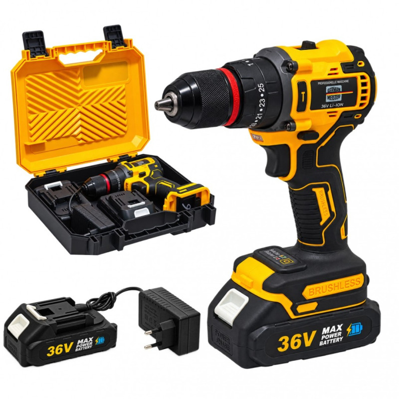 Masina de Gaurit si Insurubat cu Acumulator German Meister 36V, Brushless, Mandrina 10 mm, 2 Viteze 0–1500 rpm, Acumulator + Incarcator