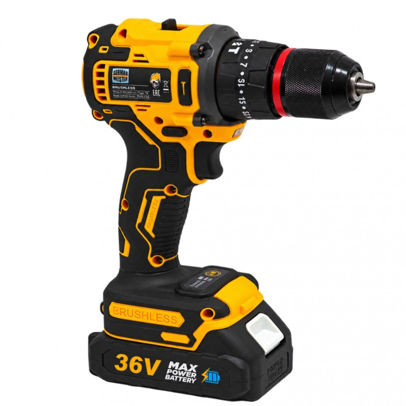 Masina de Gaurit si Insurubat cu Acumulator German Meister 36V, Brushless, Mandrina 10 mm, 2 Viteze 0–1500 rpm, Acumulator + Incarcator