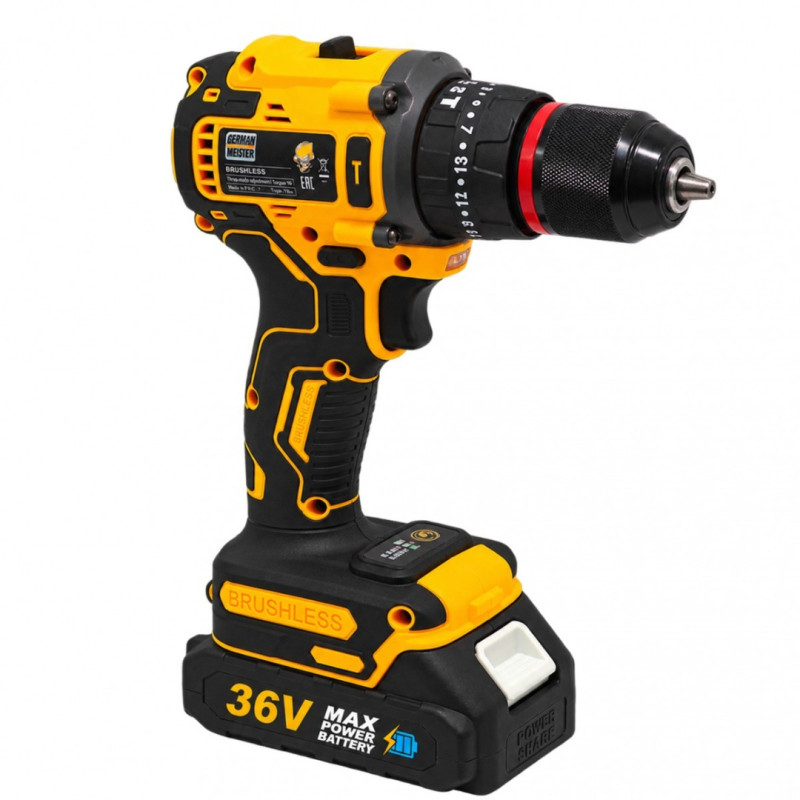 Masina de Gaurit si Insurubat cu Acumulator German Meister 36V, Brushless, Mandrina 10 mm, 2 Viteze 0–1500 rpm, Acumulator + Incarcator