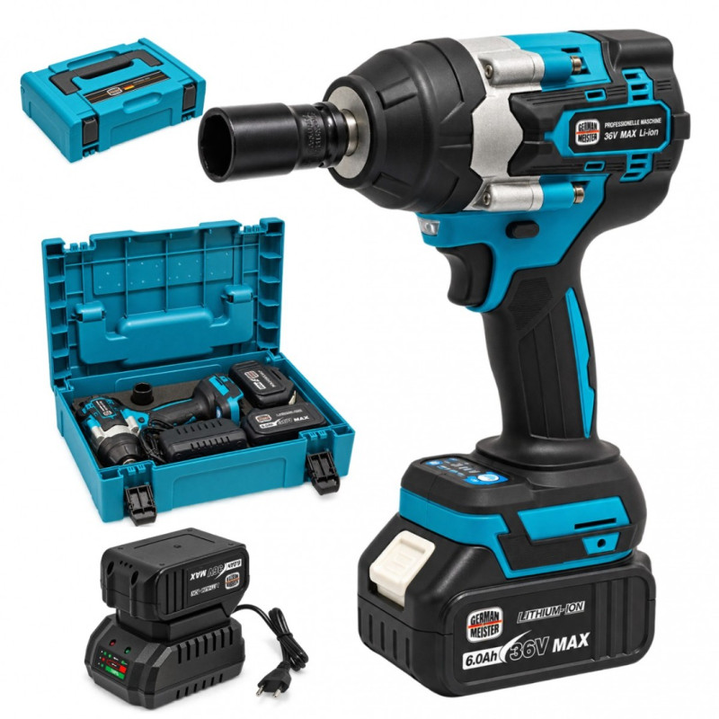 Cheie de Impact cu Acumulator German Meister 36V MAX, Brushless, 700 Nm, 4800 RPM, 2 Acumulatori 6Ah, Încarcator și Valiza