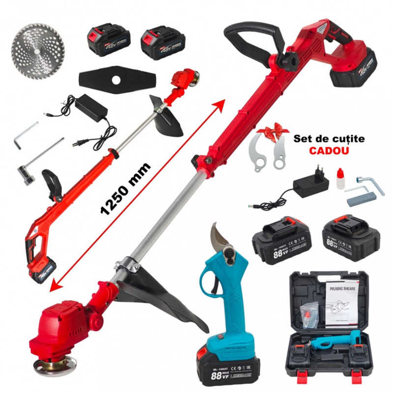 Trimmer pe acumulator German Meister + Foarfeca electrica , 4 acumulatori combatibili , 2 incarcatoare, accesorii incluse