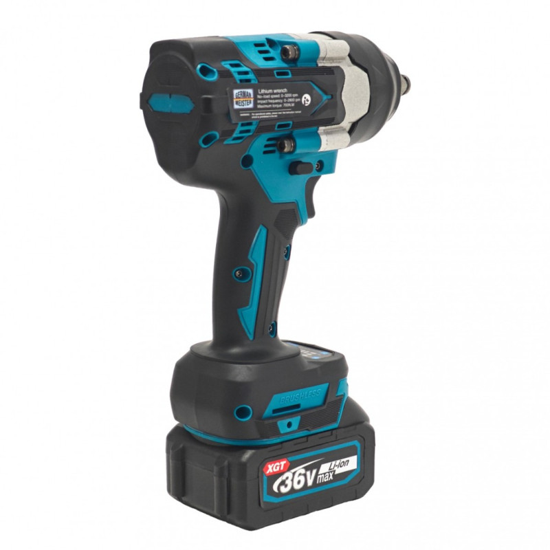 Cheie de Impact Profesională German Meister 36V MAX Brushless 700 Nm, Prindere 1/2", 4 Trepte de Putere, LED Integrat, Acumulator Li-Ion