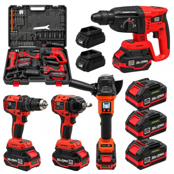 Trusă Scule cu Acumulator German Meister 36V, 4 în 1 – Autofiletanta + Rotopercutor + Flex 125 mm + Cheie Impact 600 Nm, 3 Acumulatori 4Ah, 2 Incarcatoare