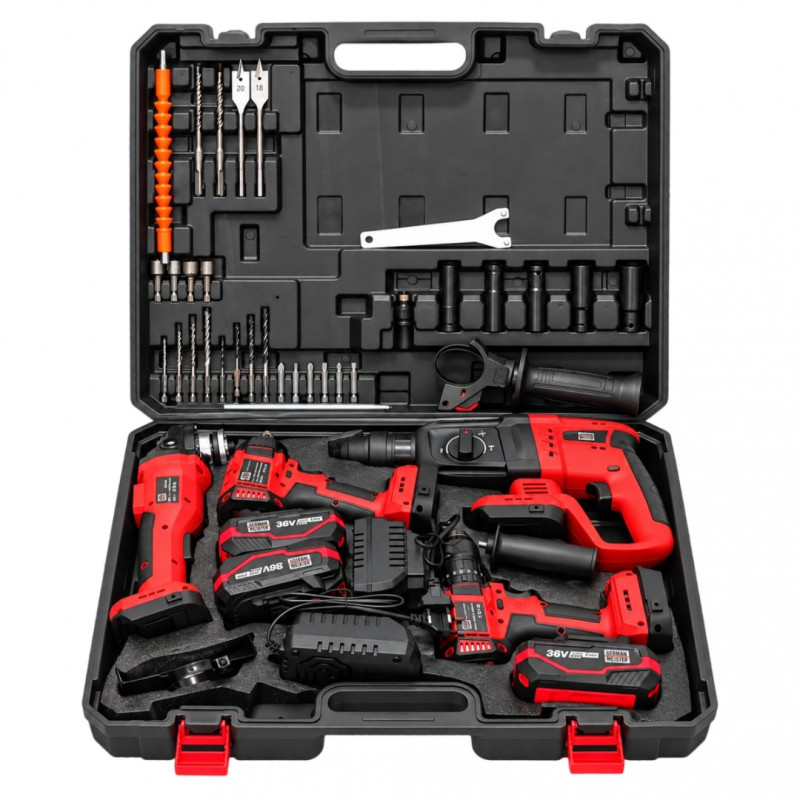 Trusă Scule cu Acumulator German Meister 36V, 4 în 1 – Autofiletanta + Rotopercutor + Flex 125 mm + Cheie Impact 600 Nm, 3 Acumulatori 4Ah, 2 Incarcatoare
