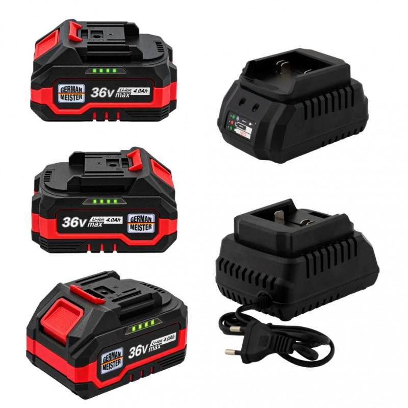 Trusă Scule cu Acumulator German Meister 36V, 4 în 1 – Autofiletanta + Rotopercutor + Flex 125 mm + Cheie Impact 600 Nm, 3 Acumulatori 4Ah, 2 Incarcatoare
