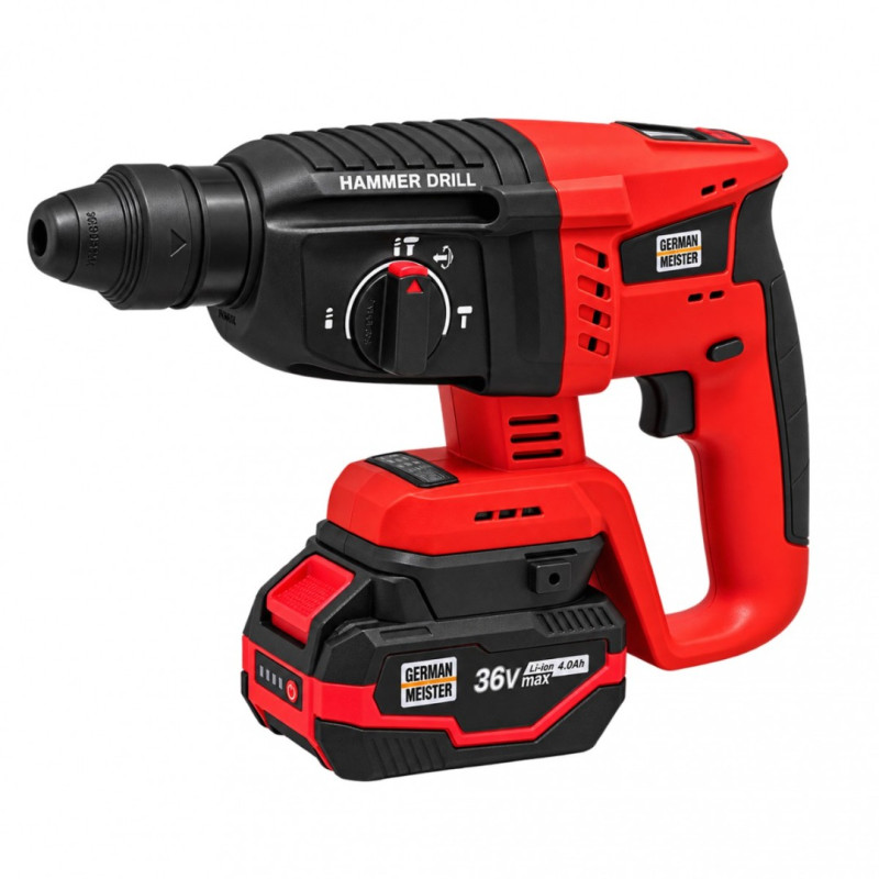 Trusă Scule cu Acumulator German Meister 36V, 4 în 1 – Autofiletanta + Rotopercutor + Flex 125 mm + Cheie Impact 600 Nm, 3 Acumulatori 4Ah, 2 Incarcatoare
