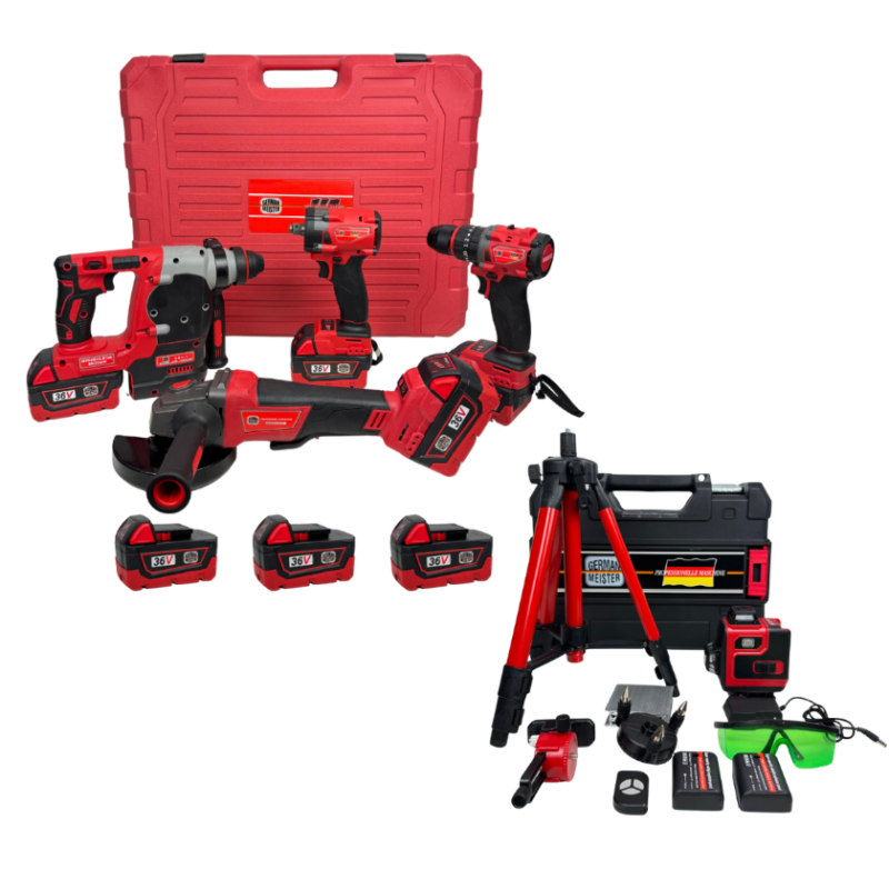 Pachet Profesional German Meister – Trusa 4 in 1 Brushless cu 3 Acumulatori 36V 8Ah + Nivela Laser 4D 360° Verde cu Trepied și Accesorii.