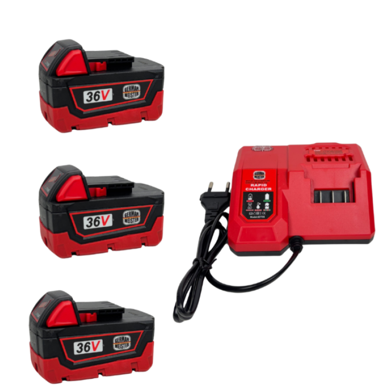 Pachet Profesional German Meister – Trusa 4 in 1 Brushless cu 3 Acumulatori 36V 8Ah + Nivela Laser 4D 360° Verde cu Trepied și Accesorii.