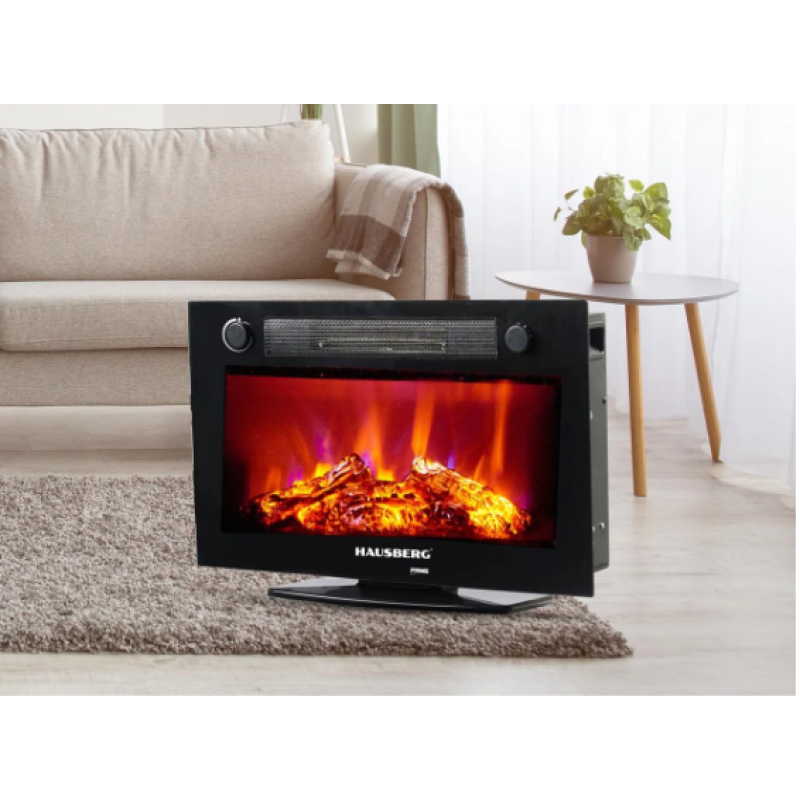 Semineu Electric de Birou HAUSBERG HB-8226NG, 1800W, efect de Flacara, incalzire PTC, Sticla securizata, Telecomanda