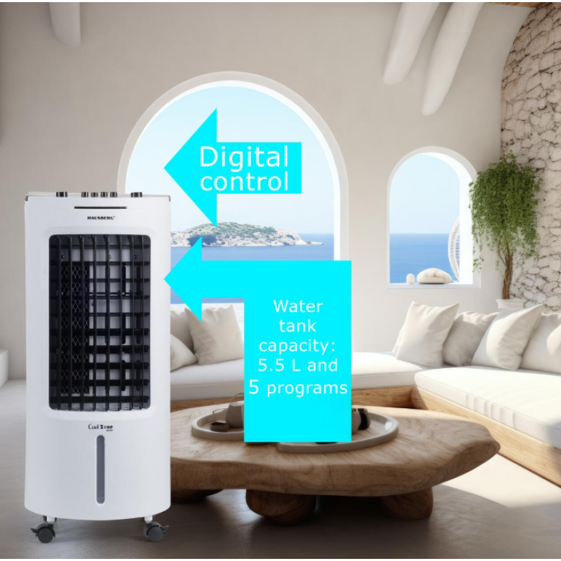 Racitor de aer portabil Hausberg HB-5962AB, 65–80W, rezervor 7.8L, 3 viteze, oscilatie 60°, pachet gheata inclus, alb
