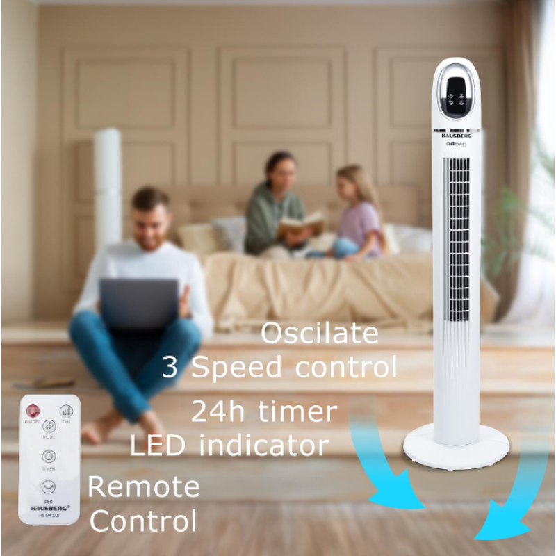 Ventilator turn digital Hausberg HB-5958AB, 55W, 45 inch, 3 viteze, temporizator 24h, LED, oscilatie, telecomanda, alb