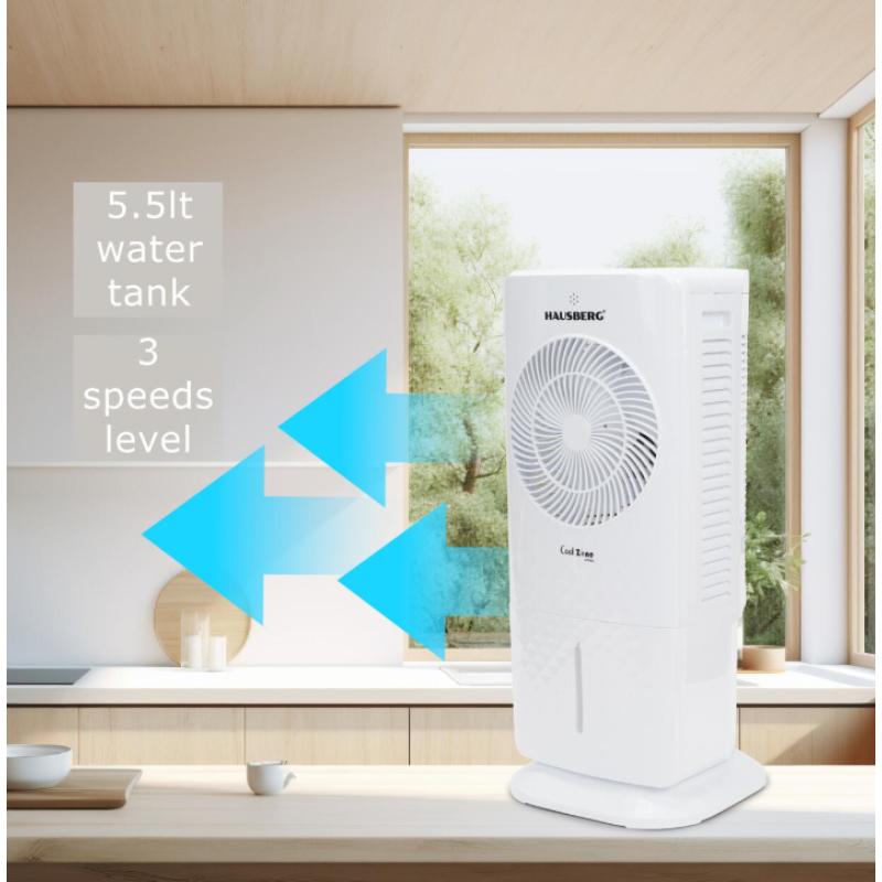 Racitor de aer portabil Hausberg HB-5964AB, 65W, 5.5L, 3 viteze, 5 programe, 3 moduri, oscilatie 40°, temporizator 12h, LED, telecomanda