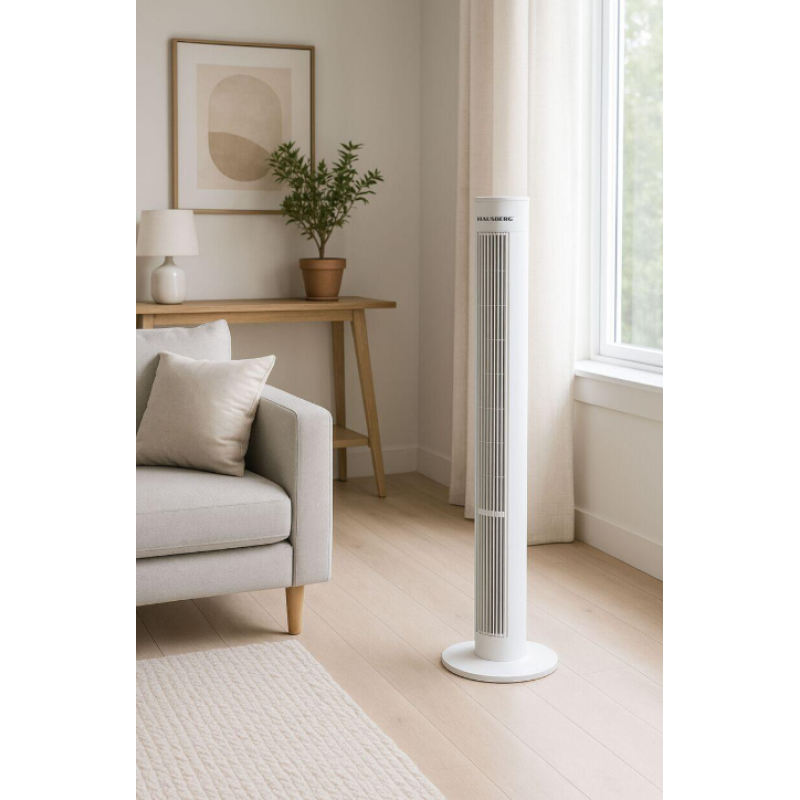 Ventilator turn Hausberg HB-5952AB, 55W, 38 inch, 3 viteze, temporizator 24h, LED, oscilatie, telecomanda, alb