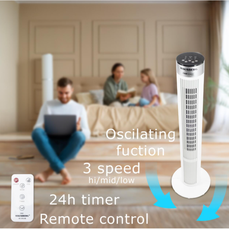 Ventilator turn Hausberg HB-5952AB, 55W, 38 inch, 3 viteze, temporizator 24h, LED, oscilatie, telecomanda, alb