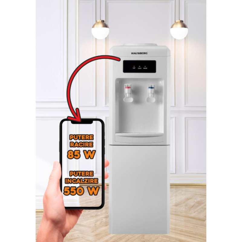 Dozator apa de podea HAUSBERG HB-6024AB, putere incalzire 550 W, putere racire 85 W, rezervor apa inox, termostat automat, Alb