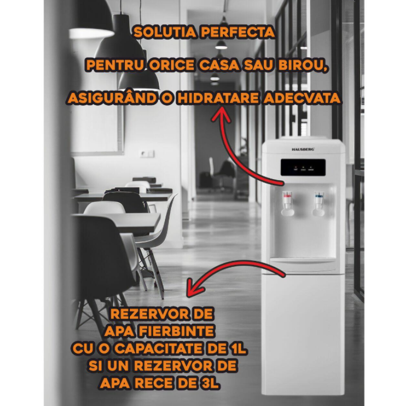Dozator apa de podea HAUSBERG HB-6024AB, putere incalzire 550 W, putere racire 85 W, rezervor apa inox, termostat automat, Alb