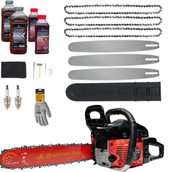 Pachet Drujba benzina 8.5cp + 3 lanturi + 3 lame + x2 ulei ungere lant 1L + x2 ulei amestec 0.5L + x2 bujii + accesorii + manusi protectie, MOTOYAMA JAPAN