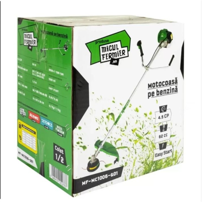 Motocoasa Micul Fermier, 4.5CP, 62CC, benzina 2 timpi, pornire rapida, teava 28mm, 3 accesorii