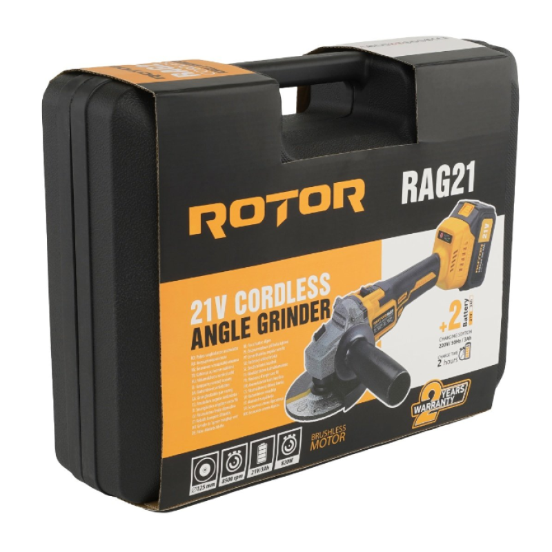Polizor unghiular pe acumulator ROTOR RAG21 21V/3 Ah,820 W ,8500 rot/min,Brushless