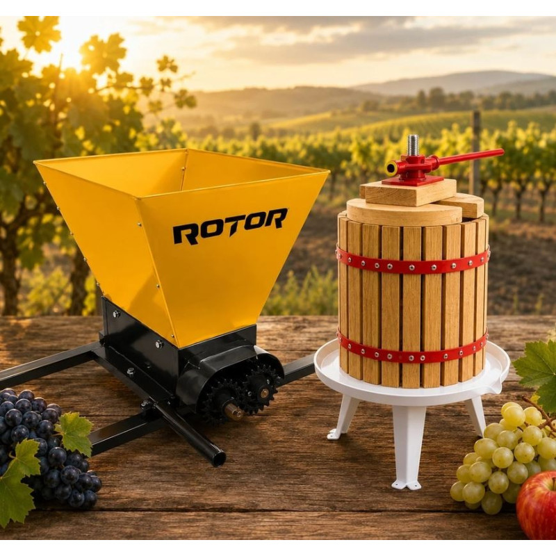 Pachet Teasc Presa Struguri si Fructe ROTOR FP-6, 6L, lemn masiv de stejar + Zdrobitor Struguri Manual ROTOR HGP-50, cuva 28L